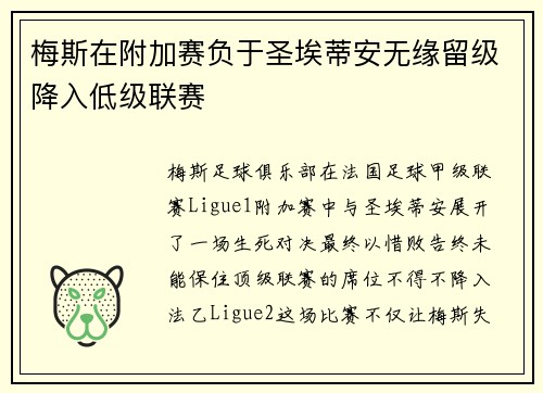 梅斯在附加赛负于圣埃蒂安无缘留级降入低级联赛 梅斯在附加赛负于圣埃蒂安无缘留级降入低级联赛